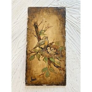 Vtg Birds in Nest Textured  Oil Painting On Canvas Panel Signed Jones  8 X‎ 16